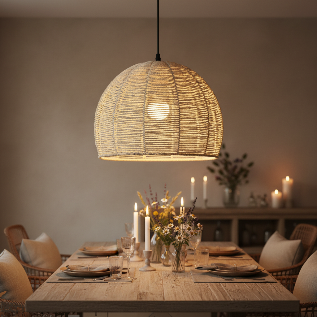 Suspension Rotin Tressé Dôme Naturel Bohème mise en ambiance dans un intérieur