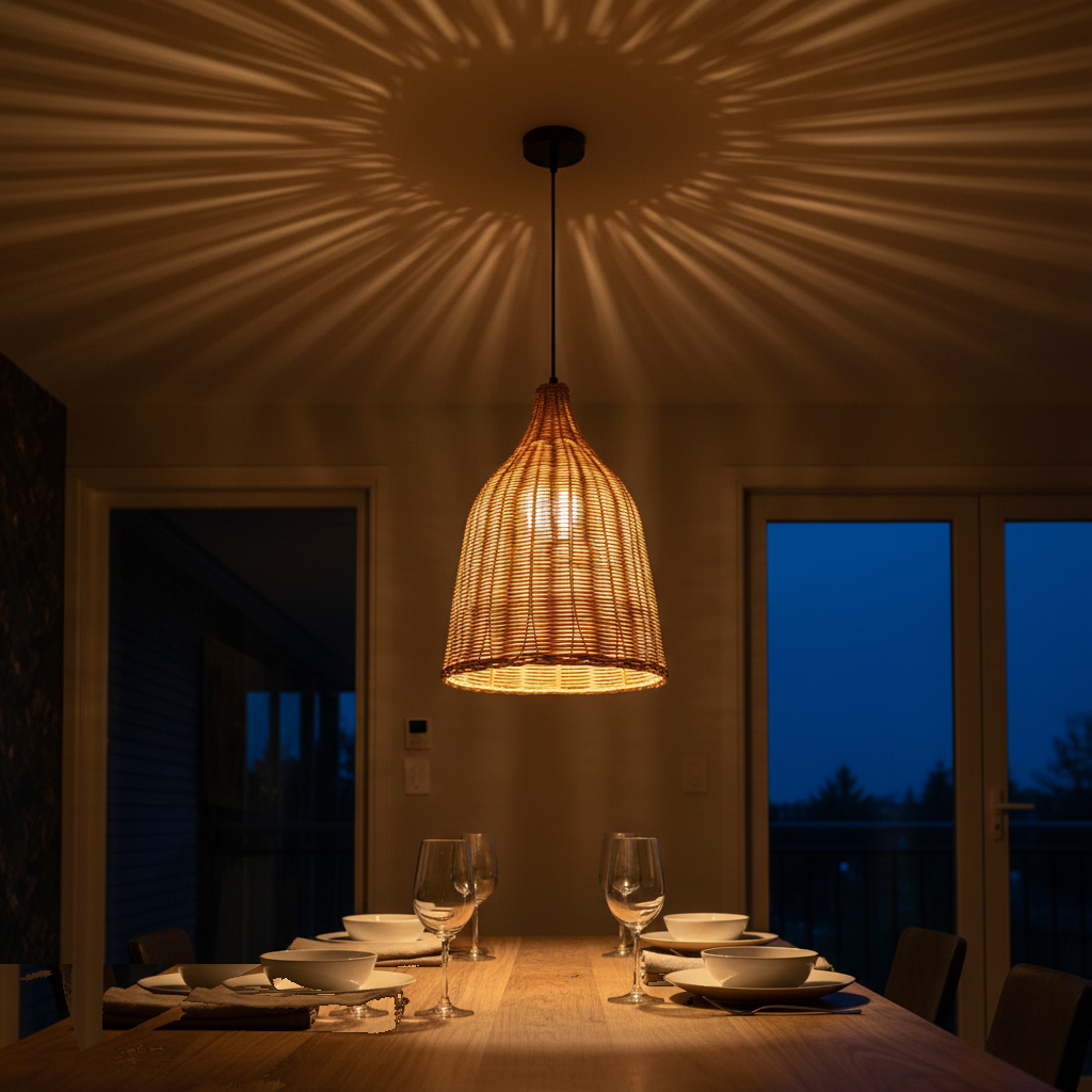 Suspension Rotin Tressé Dôme Naturel allumée diffusant sa lumière