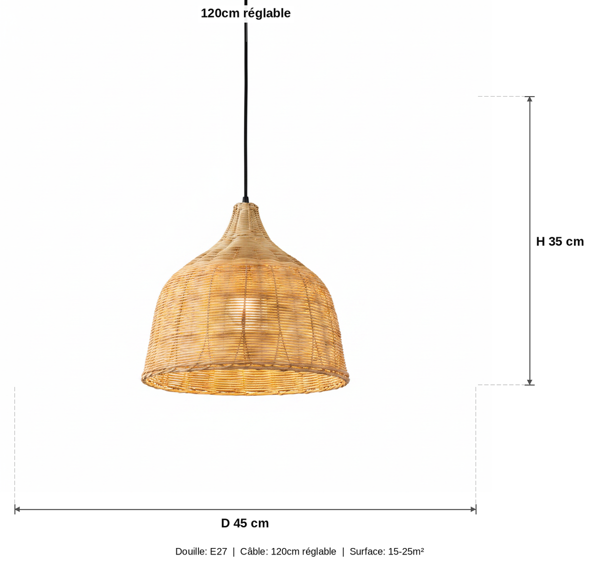 Suspension Rotin Tressé Dôme Naturel - schéma des dimensions (grande taille)