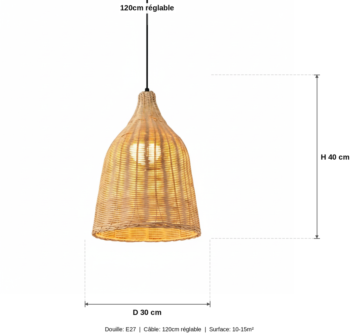 Suspension Rotin Tressé Dôme Naturel - schéma des dimensions (taille moyenne)