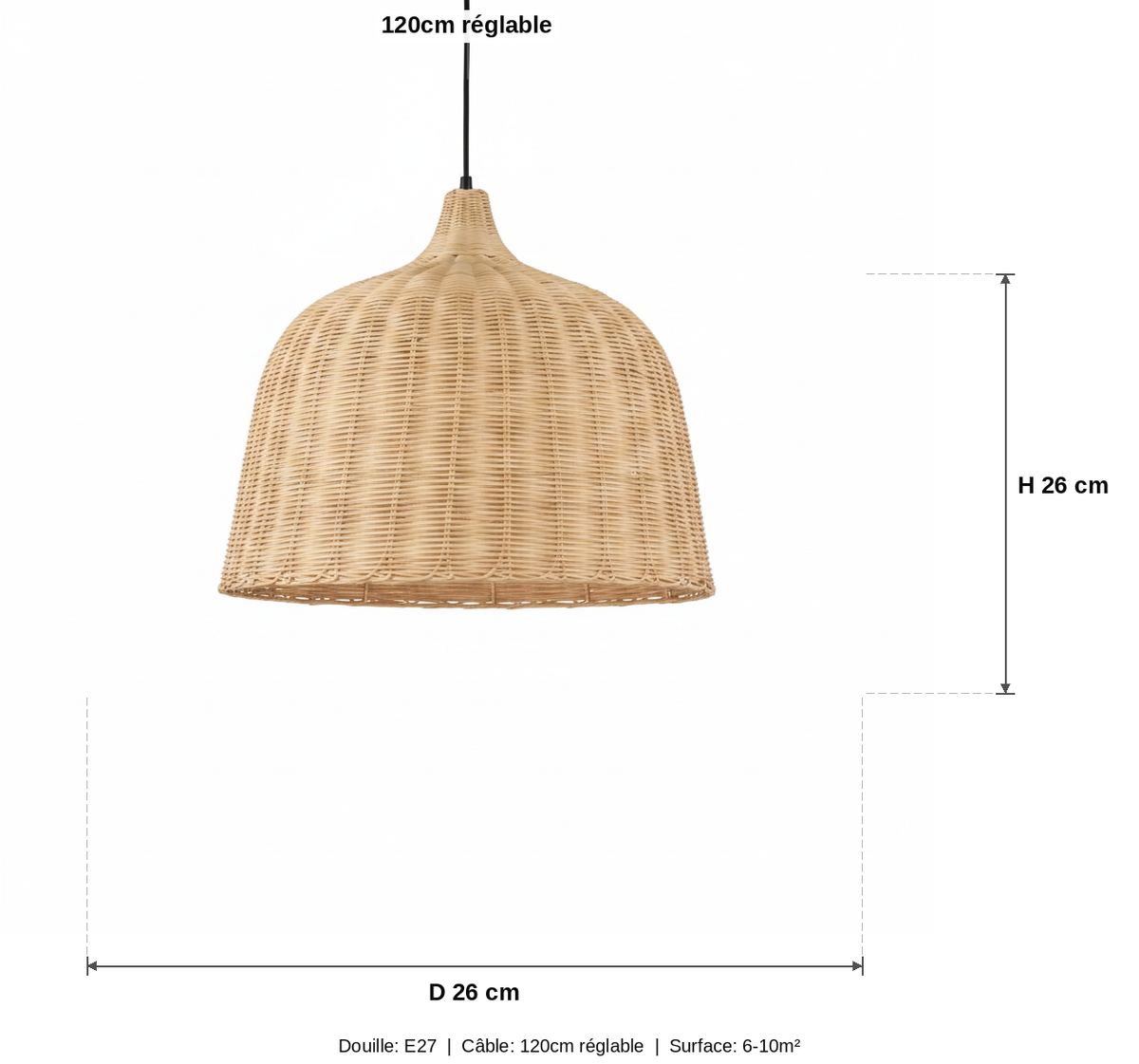 Suspension Rotin Tressé Dôme Naturel - schéma des dimensions (petite taille)