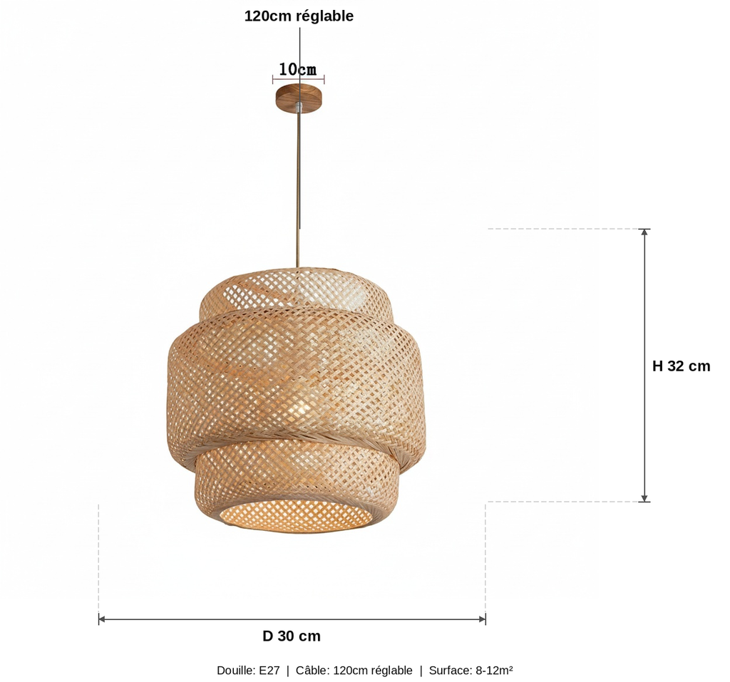Suspension Rotin Tressé Étagé Naturelle - schéma des dimensions