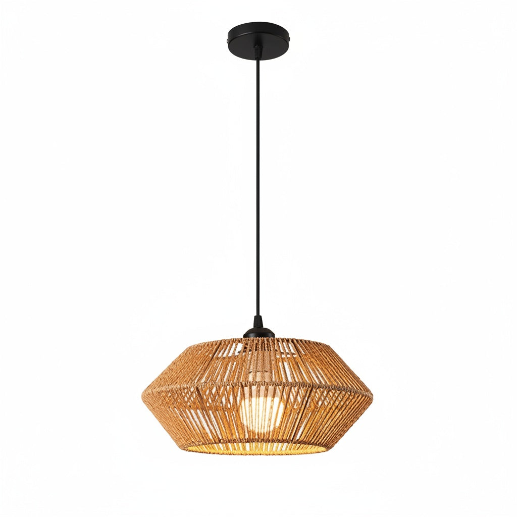 Suspension Rotin Tressé Géométrique Bohème - vue produit sur fond blanc