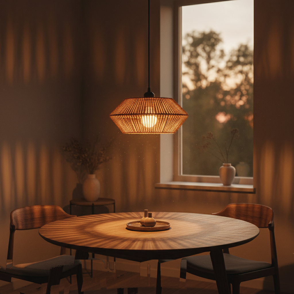 Suspension Rotin Tressé Géométrique Bohème allumée diffusant sa lumière