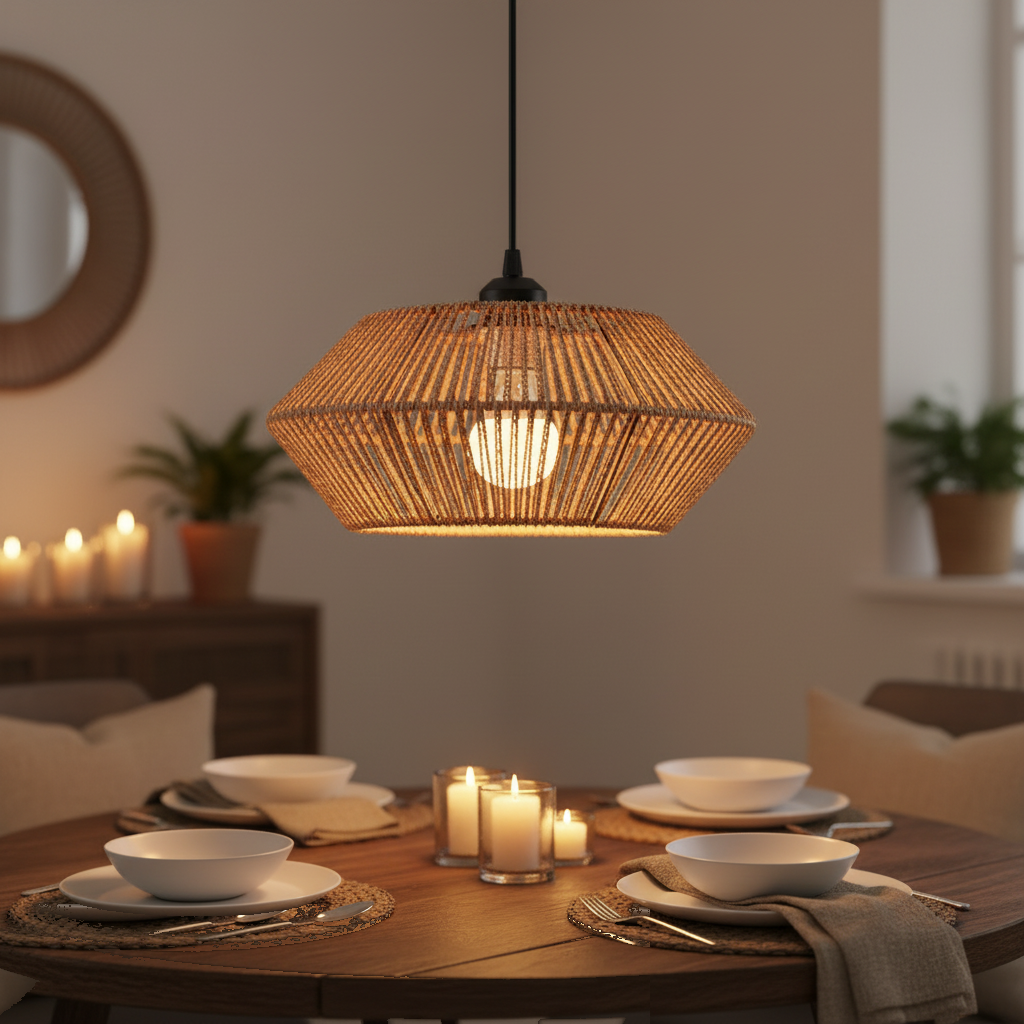 Suspension Rotin Tressé Géométrique Bohème mise en ambiance dans un intérieur