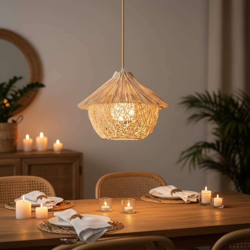 Suspension Rotin Tressé Nid Évasé mise en ambiance dans un intérieur