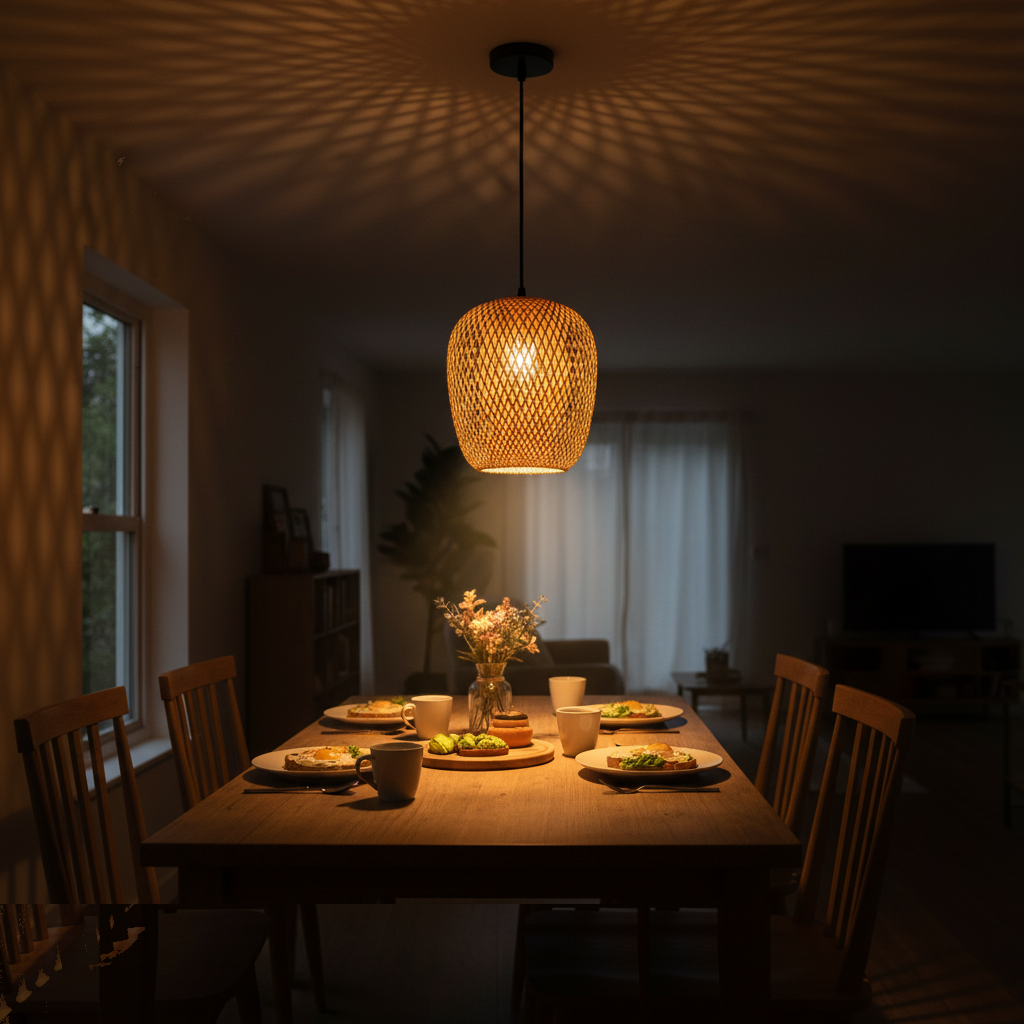 Suspension Rotin Tressé Salle à Manger Conviviale 22cm allumée diffusant sa lumière - vue 1/2