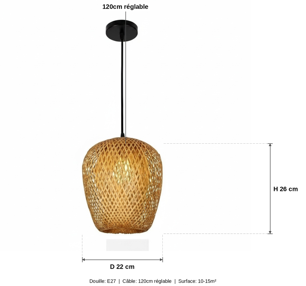 Suspension Rotin Tressé Salle à Manger Conviviale 22cm - schéma des dimensions - vue 1/2