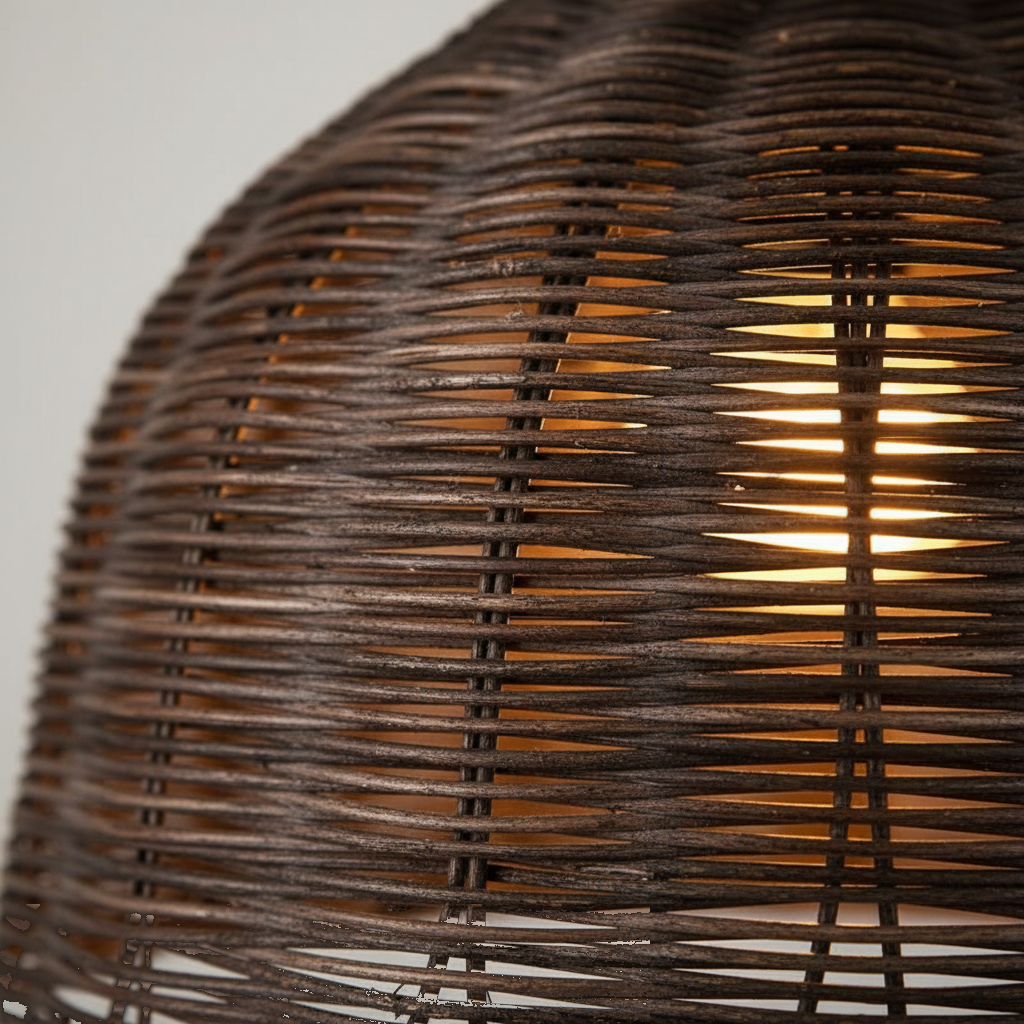 Suspension Rotin Tressé Vintage - Cloche Naturelle 3 Tailles - gros plan sur les détails de fabrication