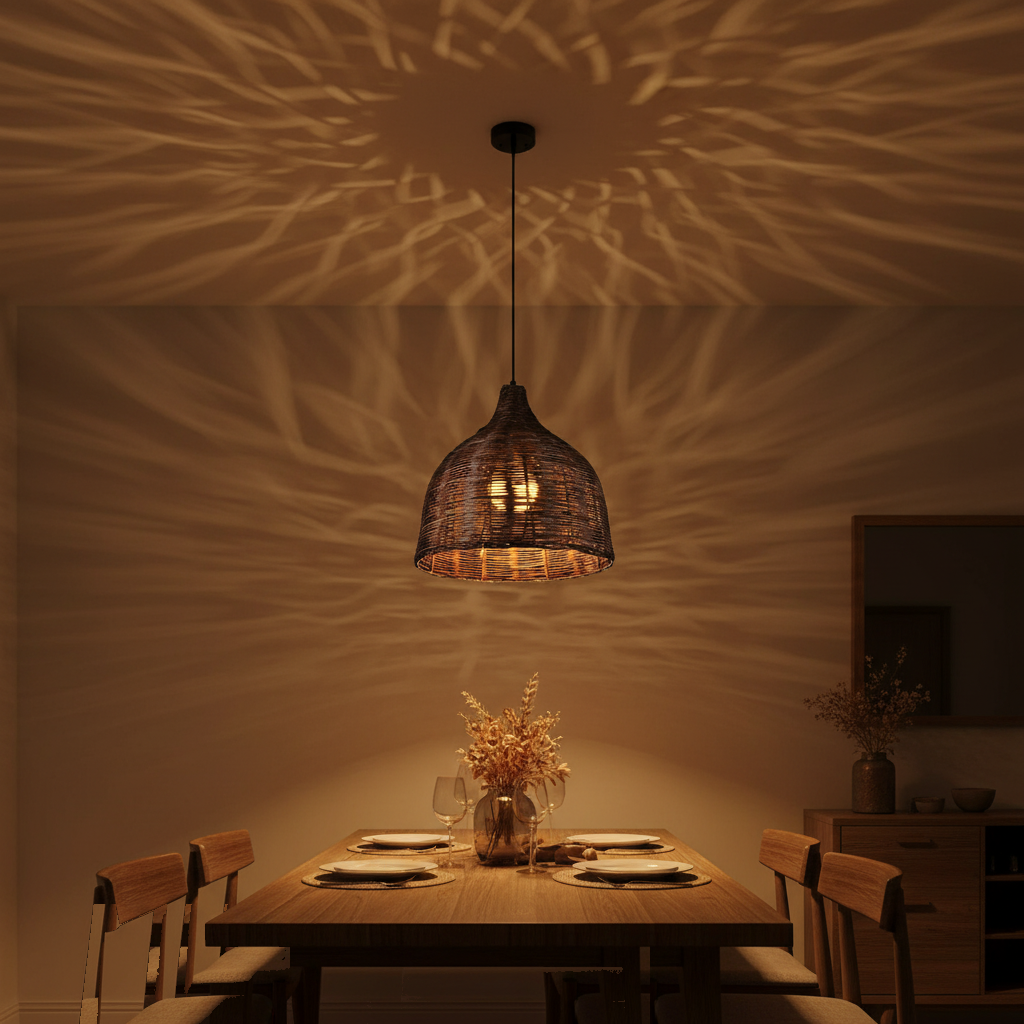 Suspension Rotin Tressé Vintage - Cloche Naturelle 3 Tailles allumée diffusant sa lumière