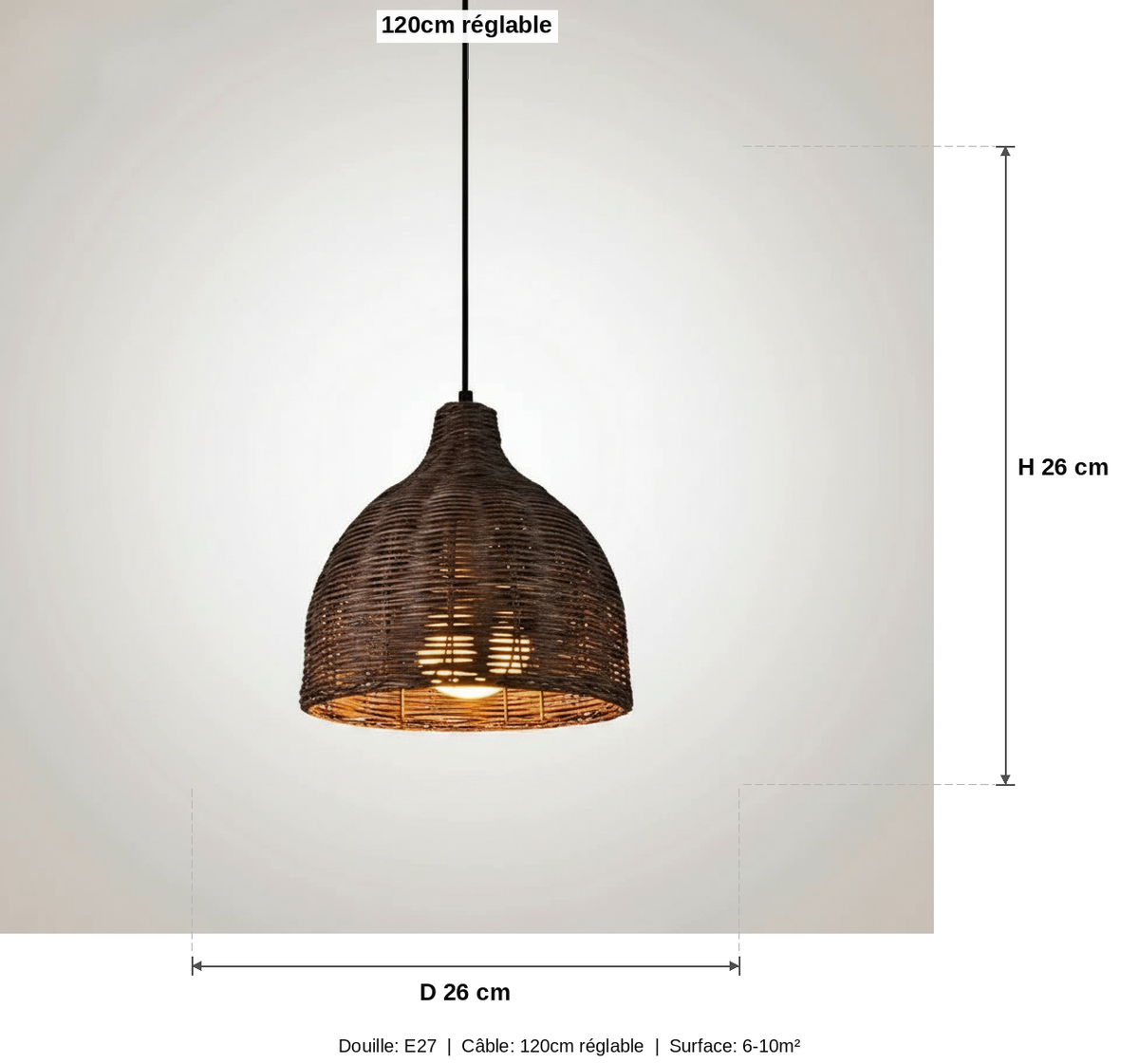 Suspension Rotin Tressé Vintage - Cloche Naturelle 3 Tailles - schéma des dimensions (format D26 x H26 cm)