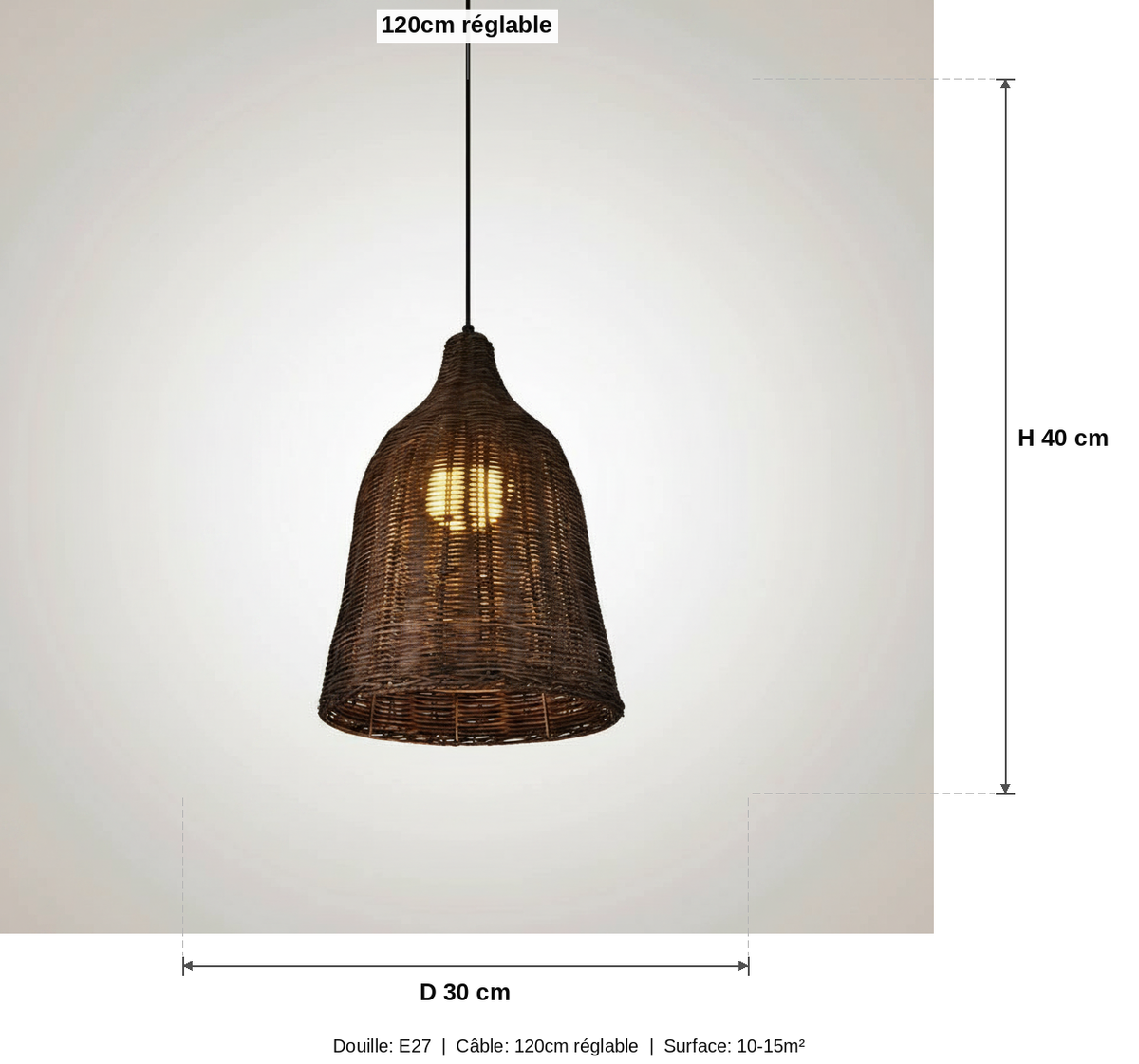 Suspension Rotin Tressé Vintage - Cloche Naturelle 3 Tailles - schéma des dimensions (format D30 x H40 cm)