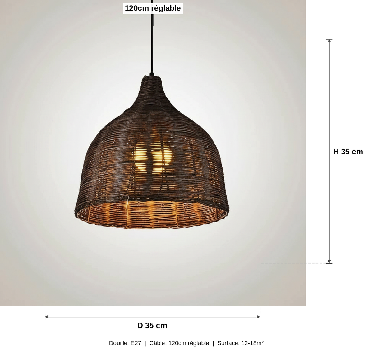 Suspension Rotin Tressé Vintage - Cloche Naturelle 3 Tailles - schéma des dimensions (format D35 x H35 cm)