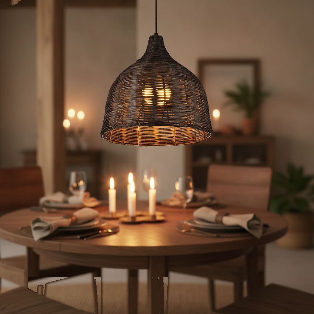 Suspension Rotin Tressé Vintage - Cloche Naturelle 3 Tailles mise en ambiance dans un intérieur