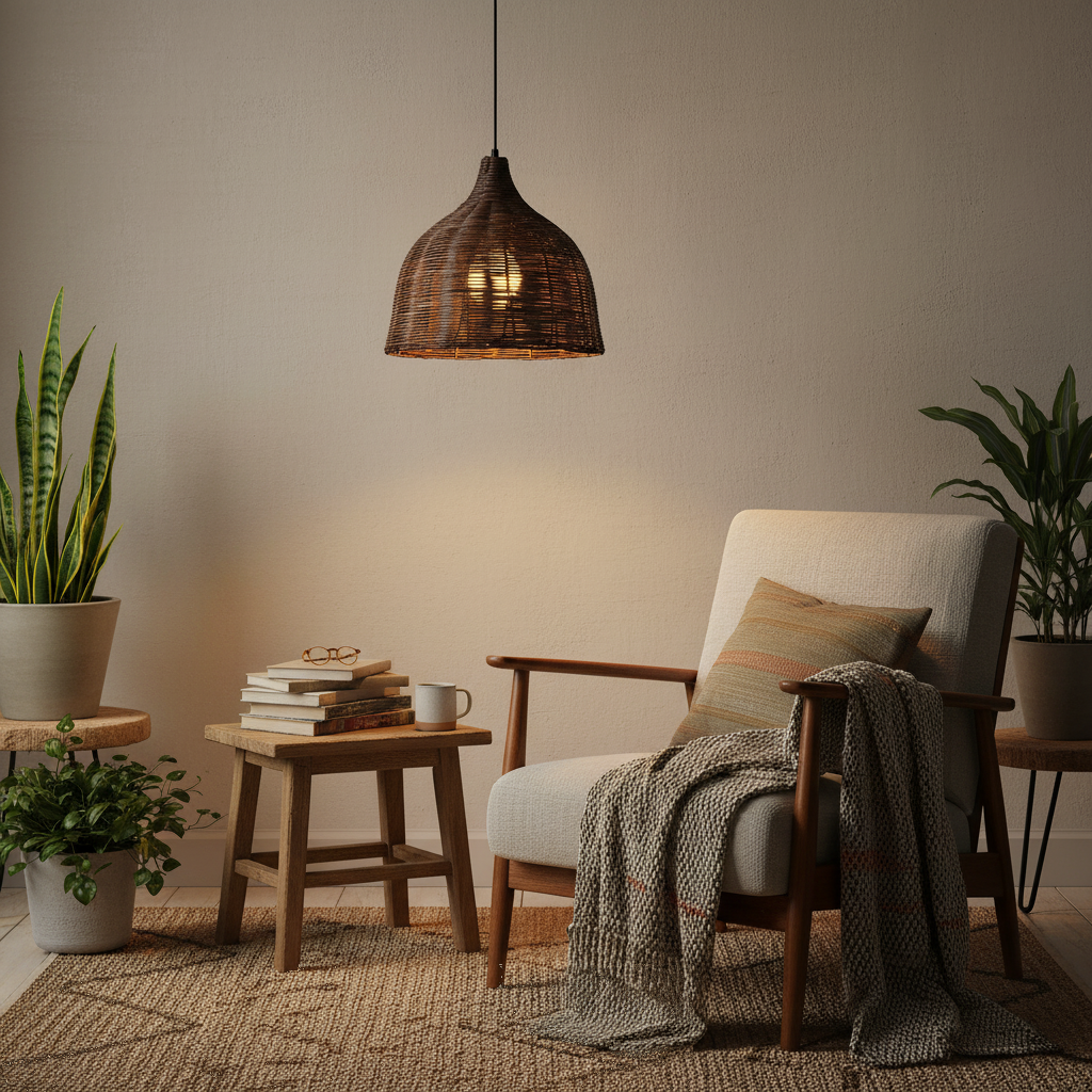 Suspension Rotin Tressé Vintage - Cloche Naturelle 3 Tailles en situation décorative
