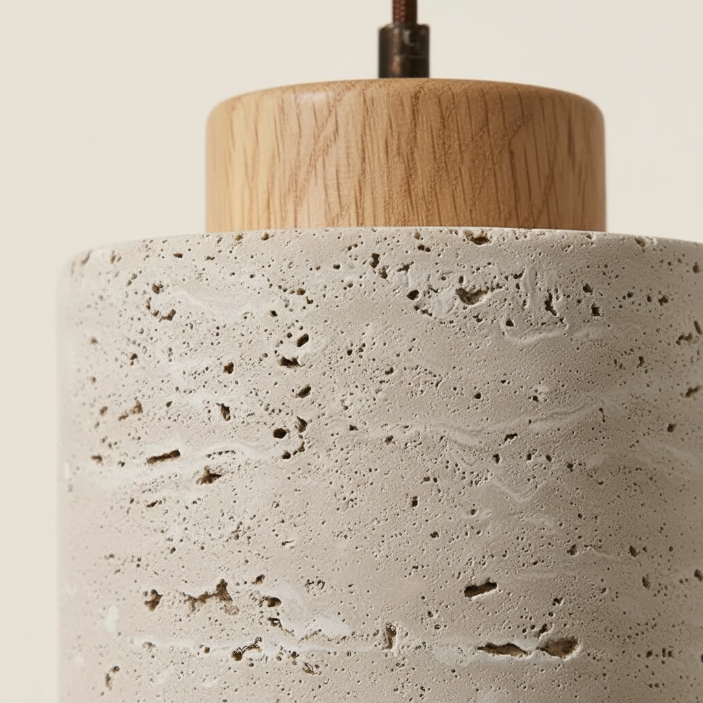 Suspension Travertin et Bois Naturel - Design Japandi Épuré - gros plan sur les détails de fabrication