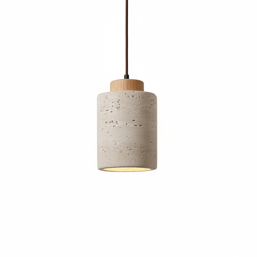 Suspension Travertin et Bois Naturel - Design Japandi Épuré - vue produit sur fond blanc