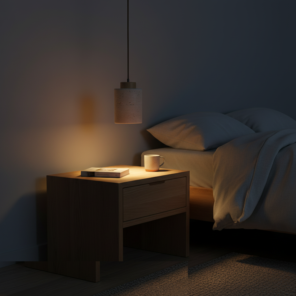 Suspension Travertin et Bois Naturel - Design Japandi Épuré allumée diffusant sa lumière