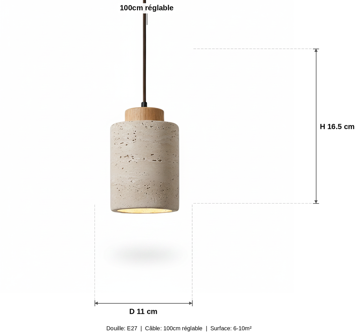 Suspension Travertin et Bois Naturel - Design Japandi Épuré - schéma des dimensions