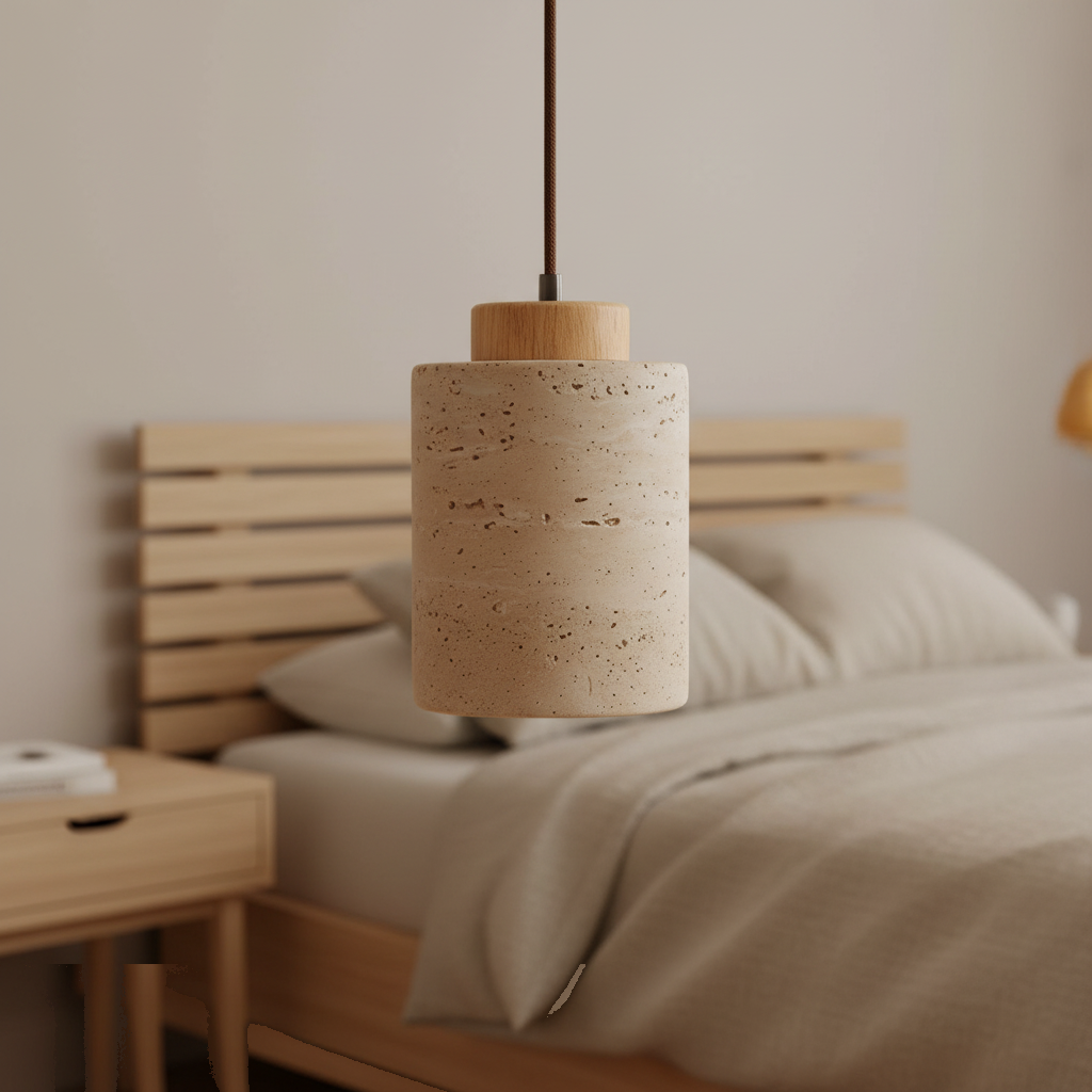 Suspension Travertin et Bois Naturel - Design Japandi Épuré mise en ambiance dans un intérieur