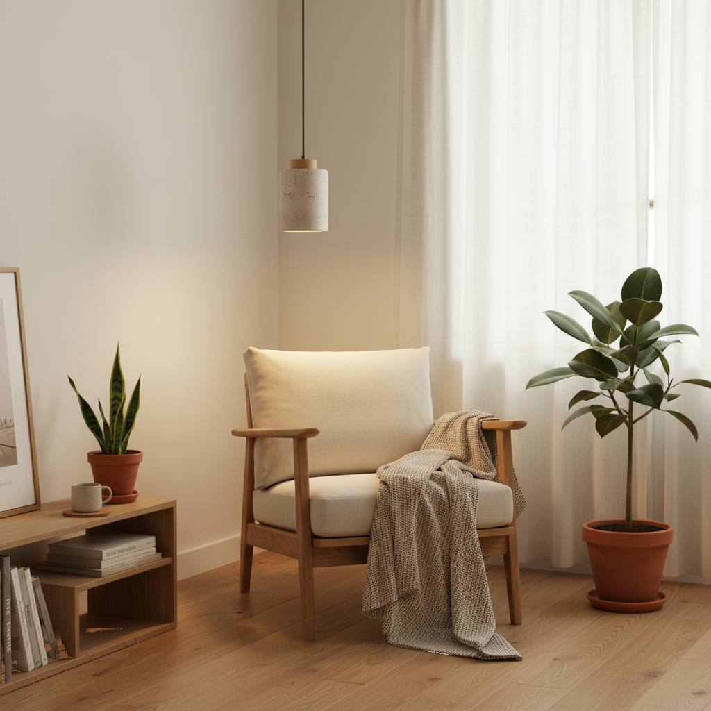 Suspension Travertin et Bois Naturel - Design Japandi Épuré en situation décorative