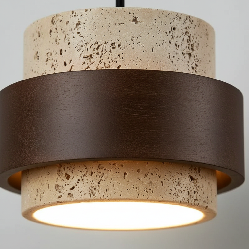 Suspension Pierre Travertin et Bois Noyer Design Japandi - gros plan sur les détails de fabrication