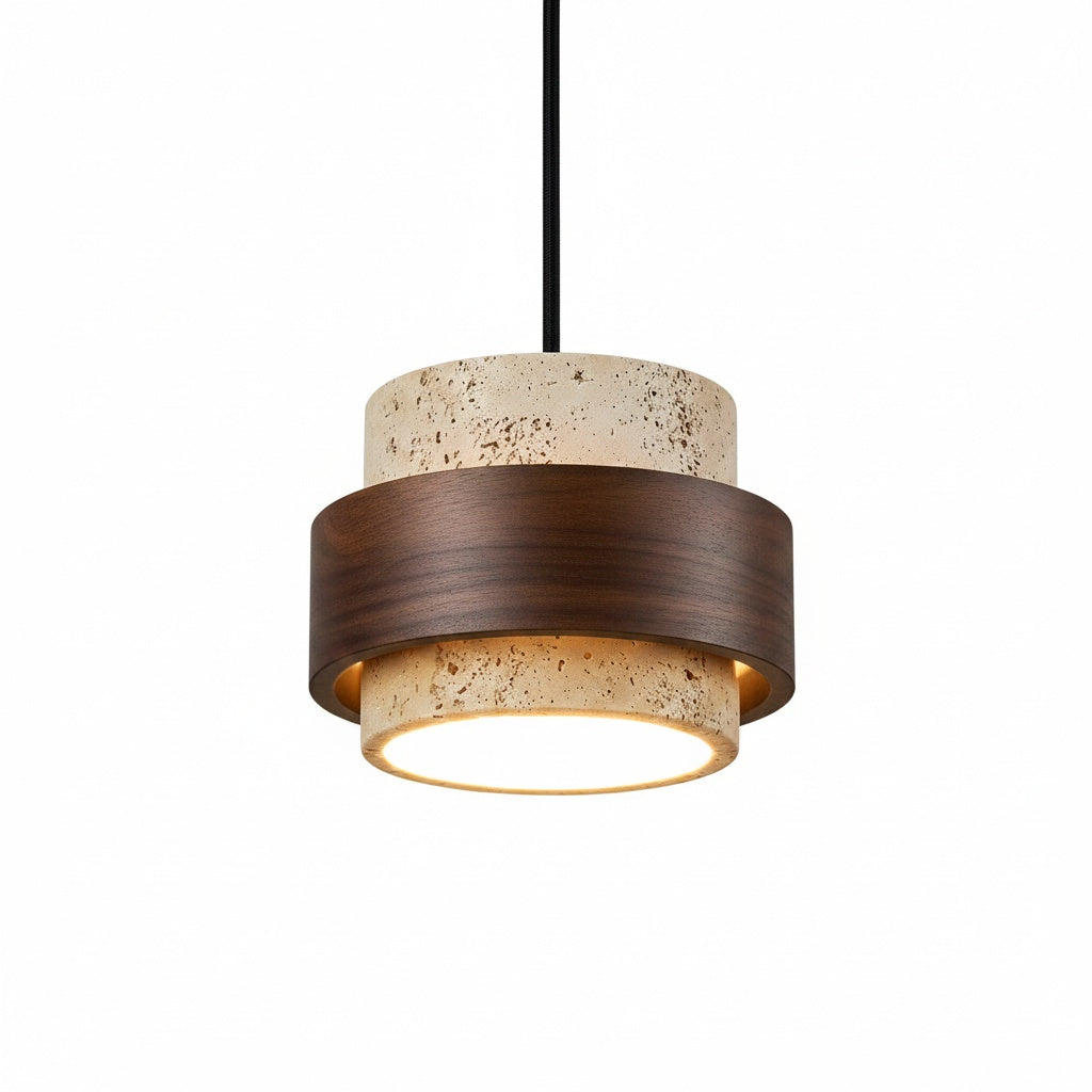 Suspension Pierre Travertin et Bois Noyer Design Japandi - vue produit sur fond blanc