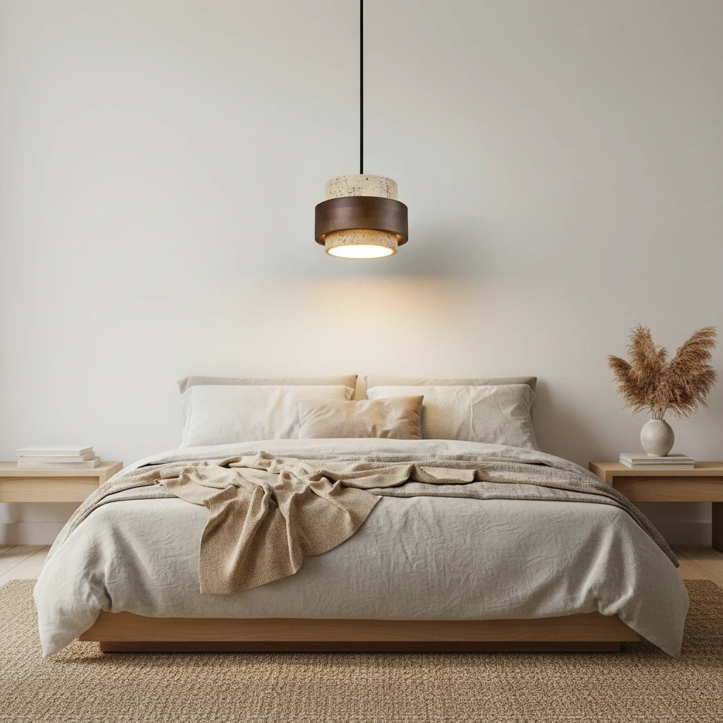 suspension-travertin-bois-noyer-japandi-design highlight Image