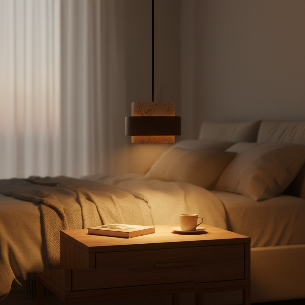 Suspension Pierre Travertin et Bois Noyer Design Japandi allumée diffusant sa lumière