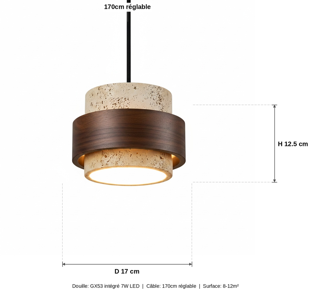 Suspension Pierre Travertin et Bois Noyer Design Japandi - schéma des dimensions
