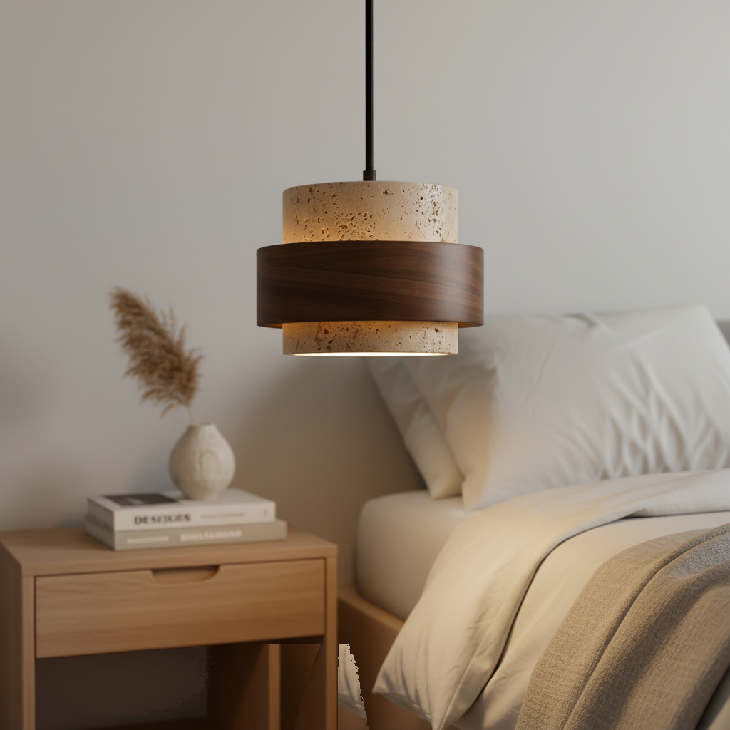 Suspension Pierre Travertin et Bois Noyer Design Japandi mise en ambiance dans un intérieur