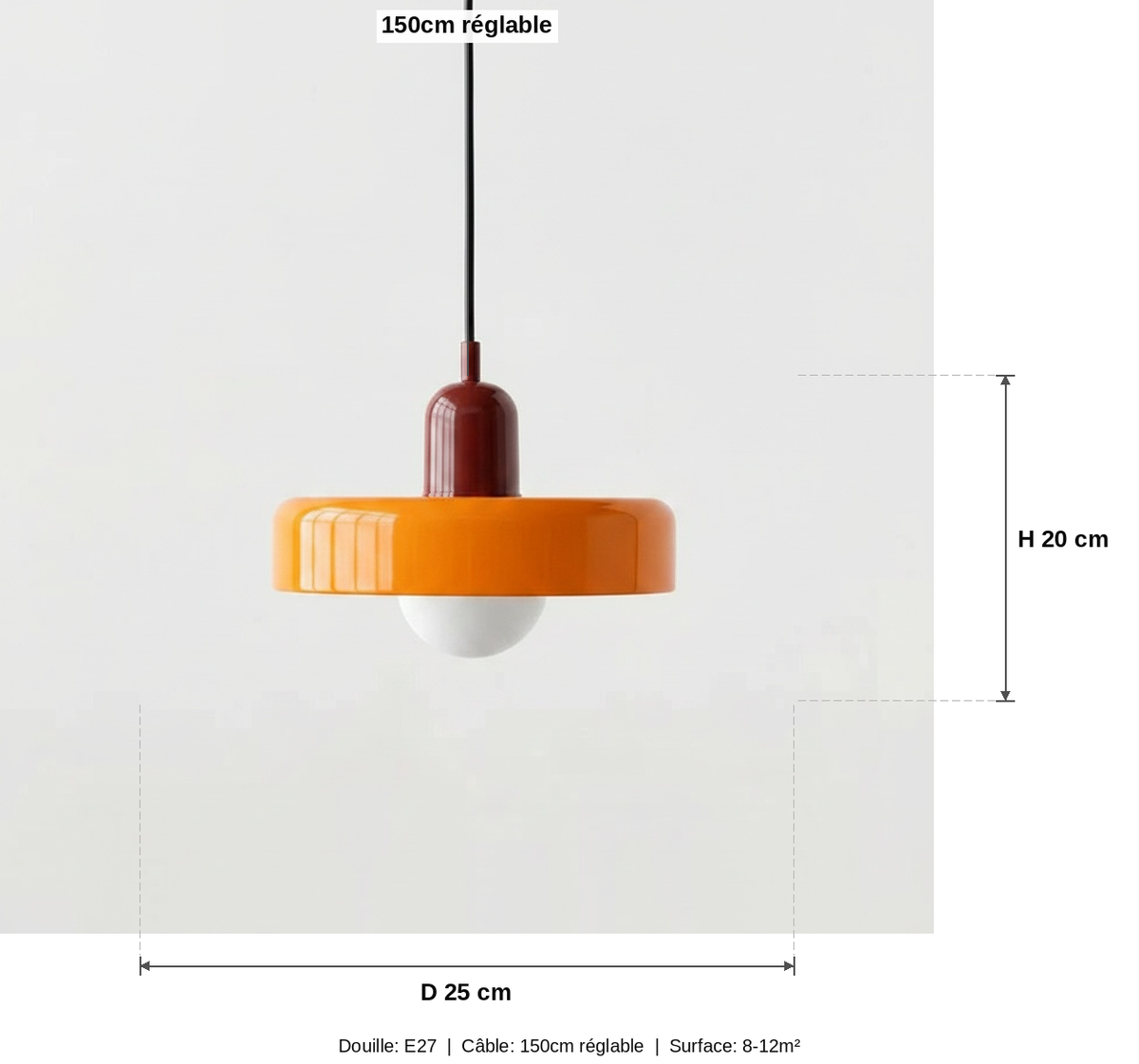 Suspension Verre Bauhaus Disque Orange - schéma des dimensions