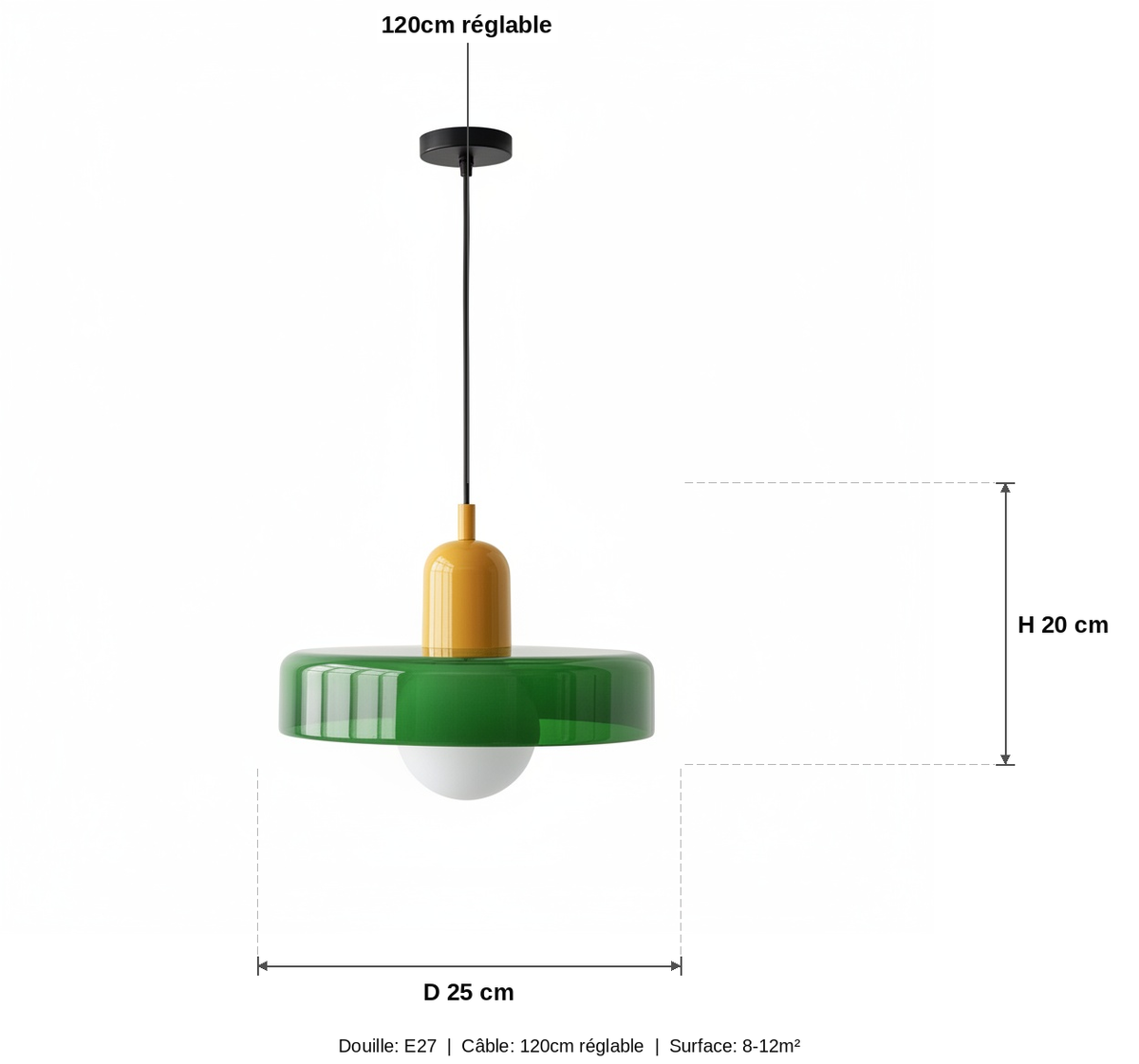 Suspension Verre Bauhaus Disque Rétro Vert - schéma des dimensions