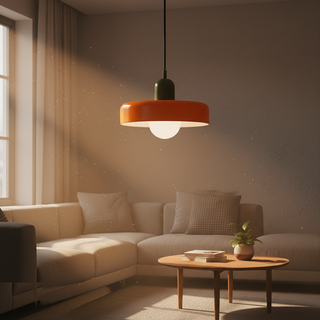 Suspension Verre Bauhaus Orange Design Rétro allumée diffusant sa lumière