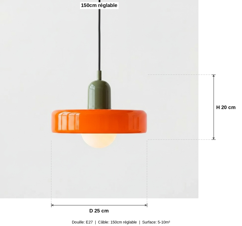 Suspension Verre Bauhaus Orange Design Rétro - schéma des dimensions