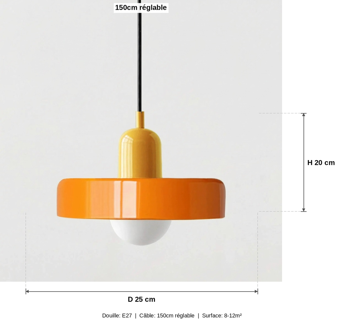 Suspension Verre Bauhaus Orange - Abat-Jour Disque - schéma des dimensions