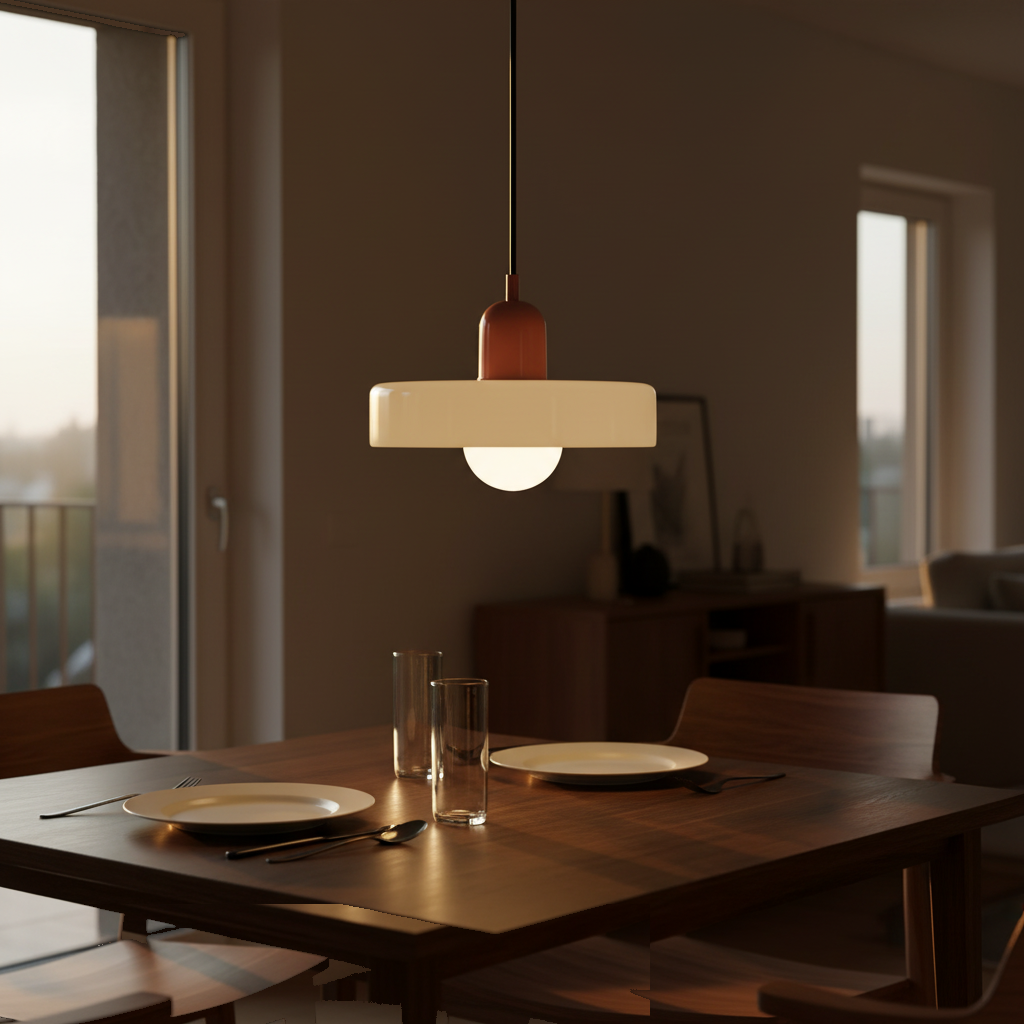 Suspension Verre Design Bauhaus Blanc allumée diffusant sa lumière