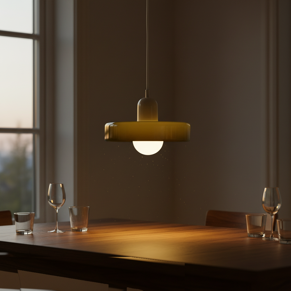 Suspension Verre Design Bauhaus Coloré allumée diffusant sa lumière
