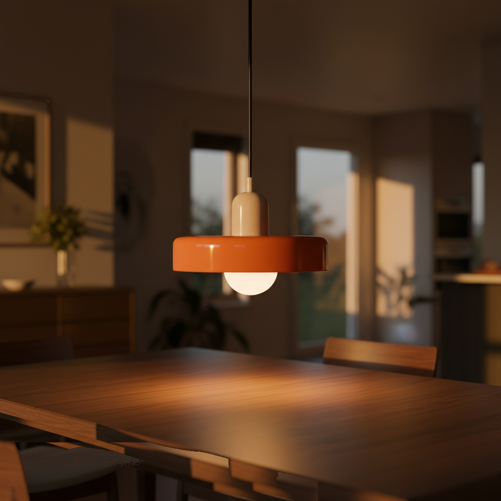 Suspension Verre Design Bauhaus Orange allumée diffusant sa lumière