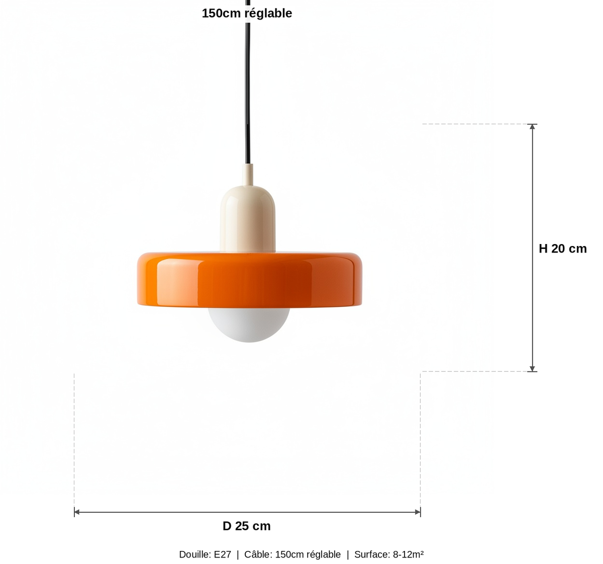 Suspension Verre Design Bauhaus Orange - schéma des dimensions