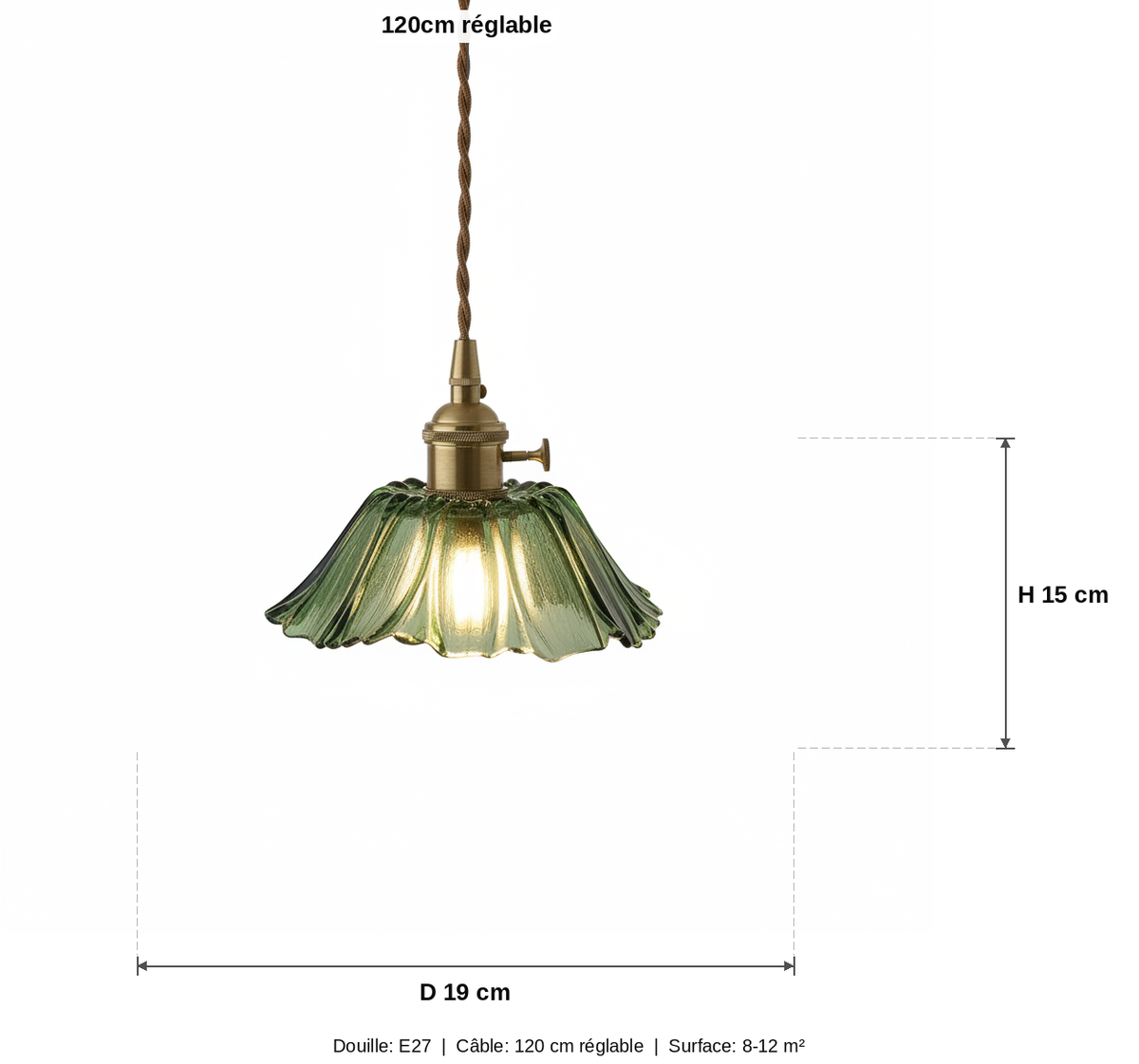 Suspension Verre Fleur Vintage - Abat-jour Évasé Vert Laiton - schéma des dimensions