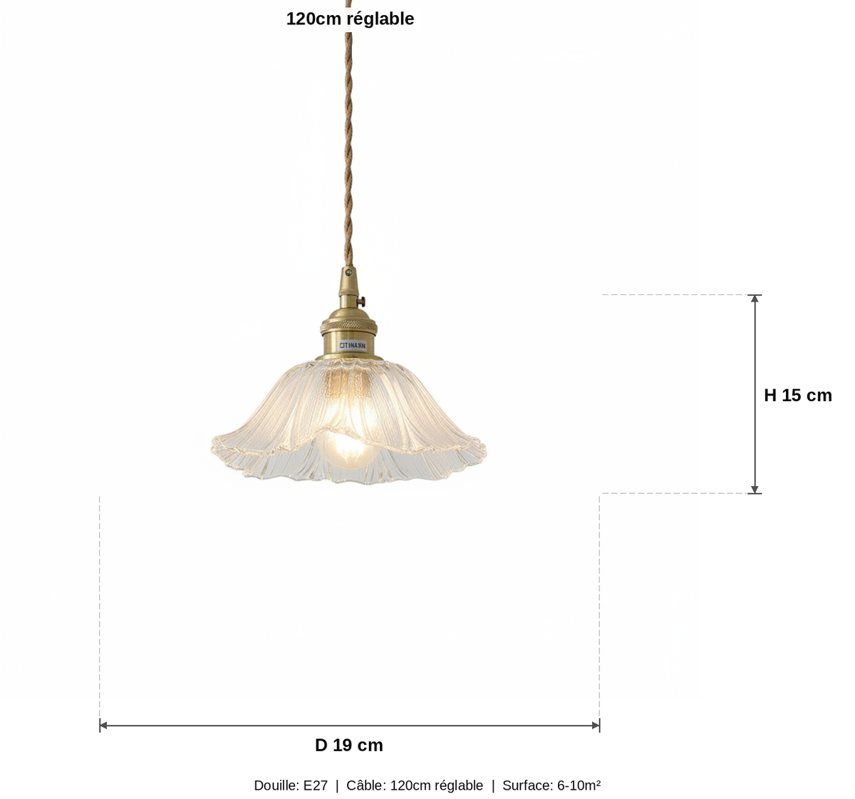 Suspension Verre Fleur Vintage Laiton - schéma des dimensions
