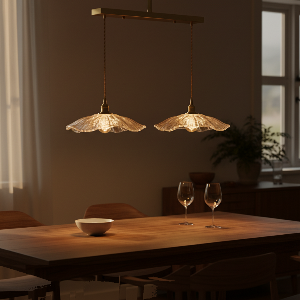 Suspension Verre Fleur Vintage - Lustre Double Abat-jour Laiton allumée diffusant sa lumière