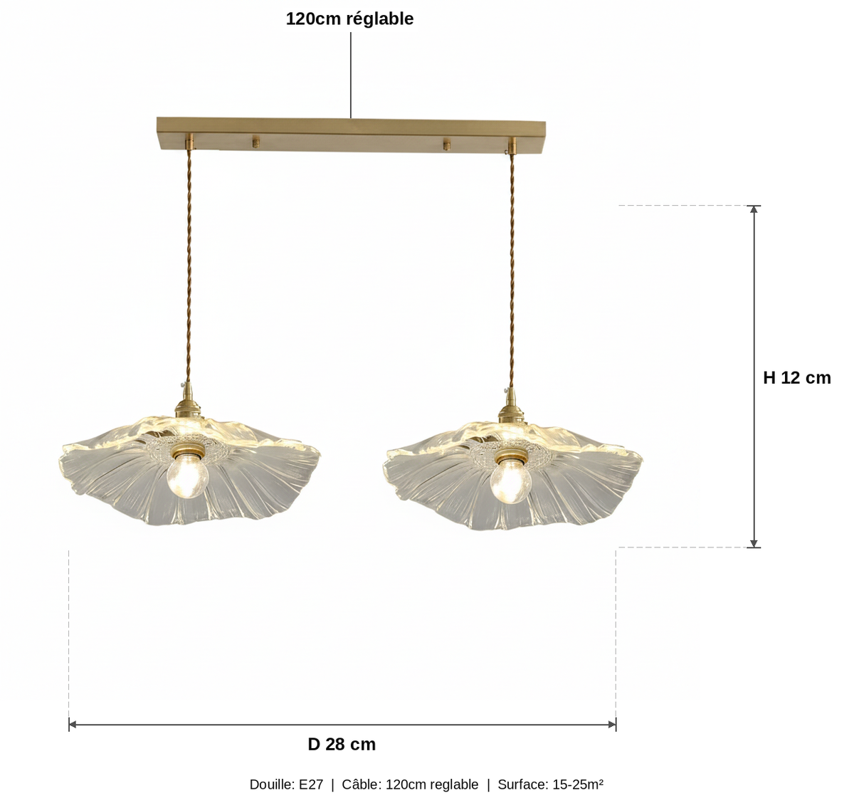 Suspension Verre Fleur Vintage - Lustre Double Abat-jour Laiton - schéma des dimensions