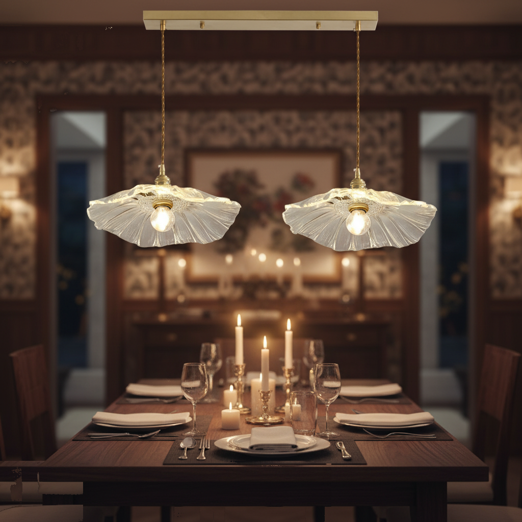Suspension Verre Fleur Vintage - Lustre Double Abat-jour Laiton mise en ambiance dans un intérieur