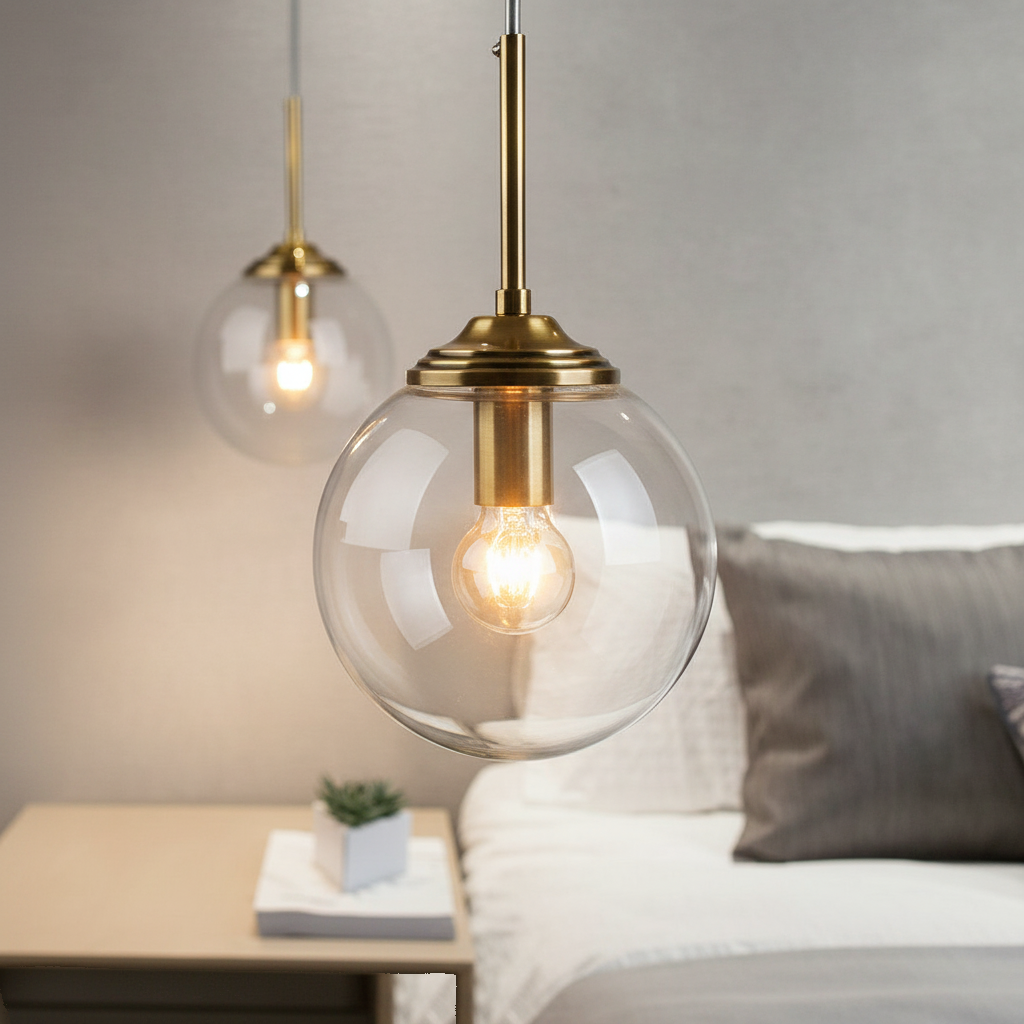 Suspension Verre Globe Transparent Dorée Design mise en ambiance dans un intérieur