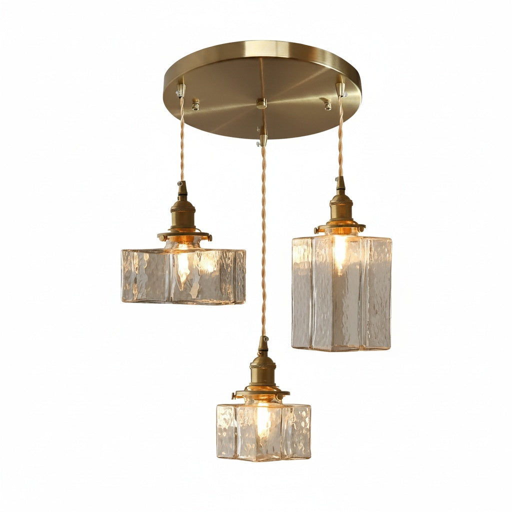 Suspension Verre Martelé 3 Lumières Laiton Vintage - vue produit sur fond blanc