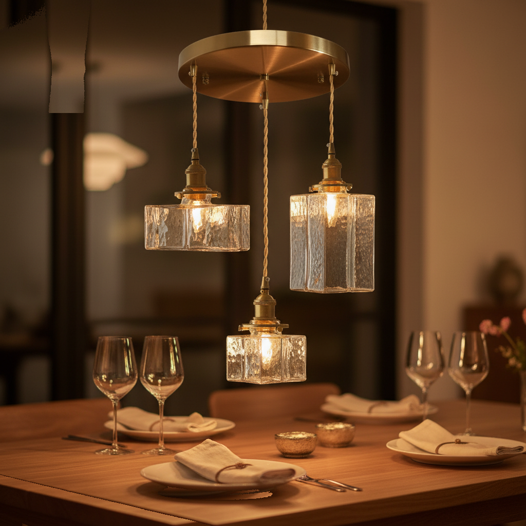 Suspension Verre Martelé 3 Lumières Laiton Vintage mise en ambiance dans un intérieur