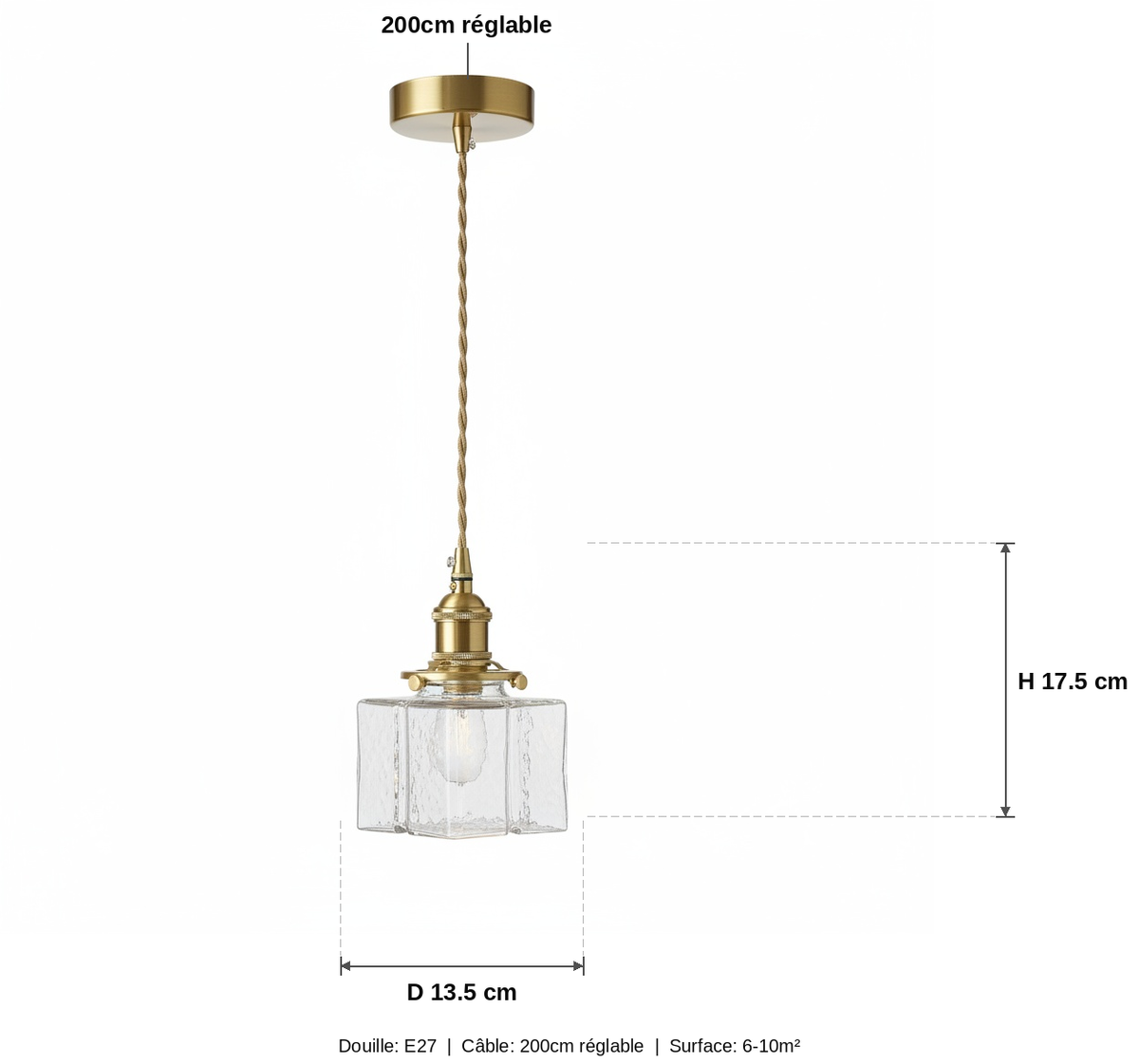 Suspension Verre Martelé Cubique Laiton Vintage - schéma des dimensions