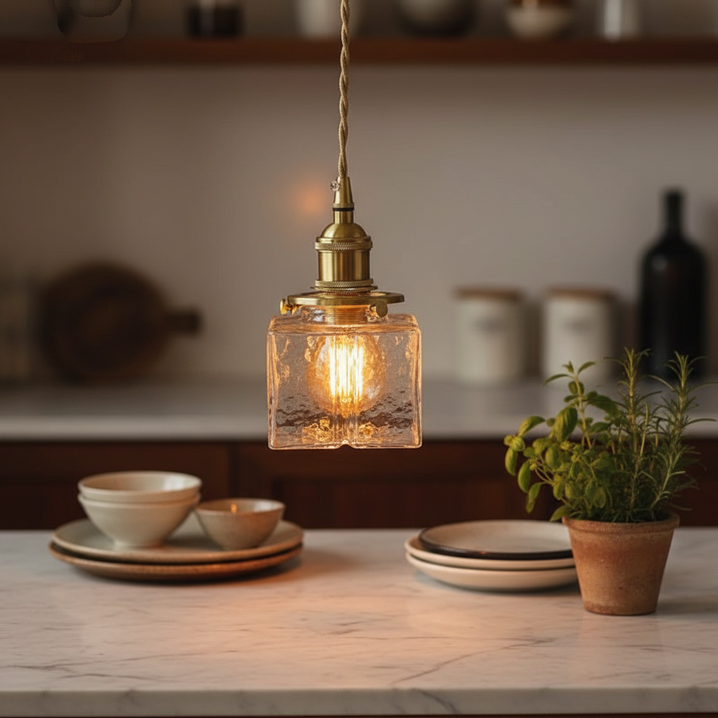 Suspension Verre Martelé Cubique Laiton Vintage mise en ambiance dans un intérieur